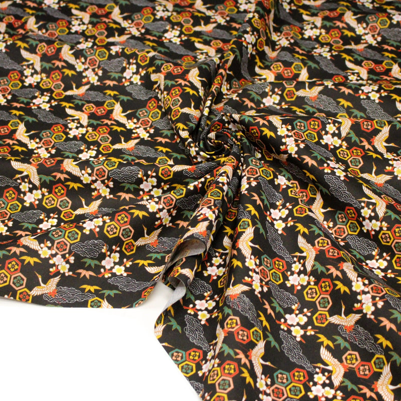 Tissu cotonnade NIGITA, motif japonais des grues : noir, bleu, rose, rouge - OEKO - TEX - TissusPapi.com