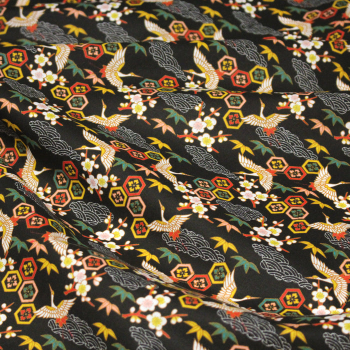 Tissu cotonnade NIGITA, motif japonais des grues : noir, bleu, rose, rouge - OEKO-TEX