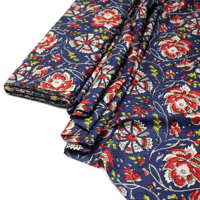 Tissu coton fin imprimé INDIENNES, bleu aux fleurs bleues et écrues – STANDARD 100 OEKO-TEX