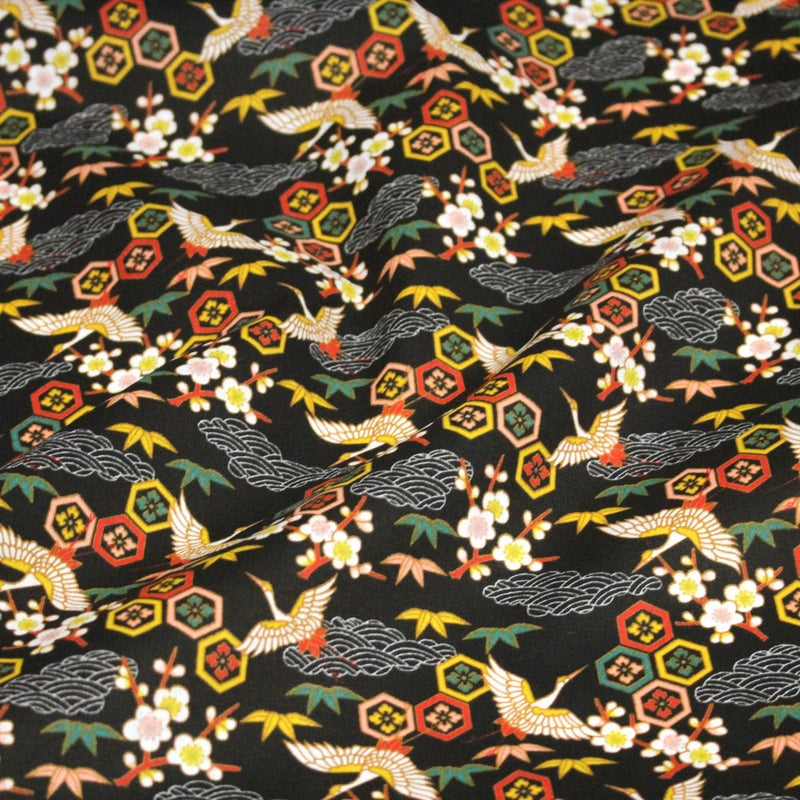 Tissu cotonnade NIGITA, motif japonais des grues : noir, bleu, rose, rouge - OEKO - TEX - TissusPapi.com