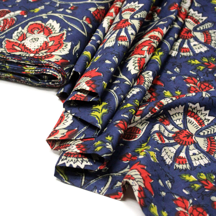 Tissu coton fin imprimé INDIENNES, bleu aux fleurs bleues et écrues – STANDARD 100 OEKO-TEX
