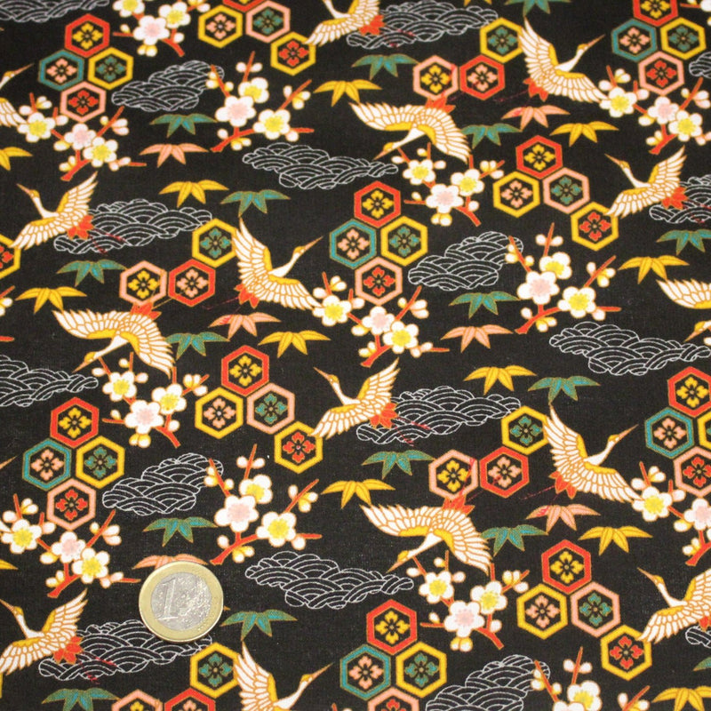 Tissu cotonnade NIGITA, motif japonais des grues : noir, bleu, rose, rouge - OEKO - TEX - TissusPapi.com