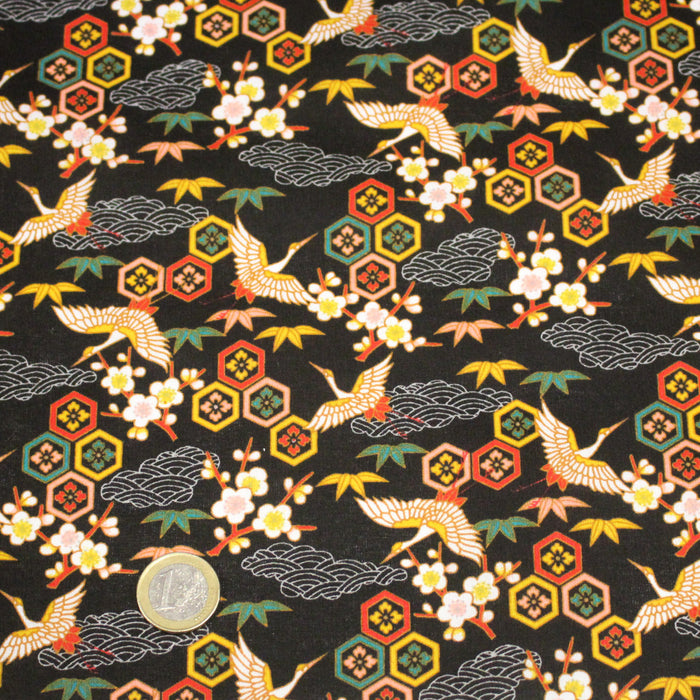 Tissu cotonnade NIGITA, motif japonais des grues : noir, bleu, rose, rouge - OEKO-TEX