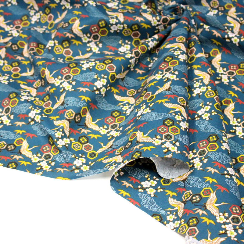 Tissu cotonnade NIGITA, motif japonais des grues : noir, bleu, rose, rouge - OEKO - TEX - TissusPapi.com