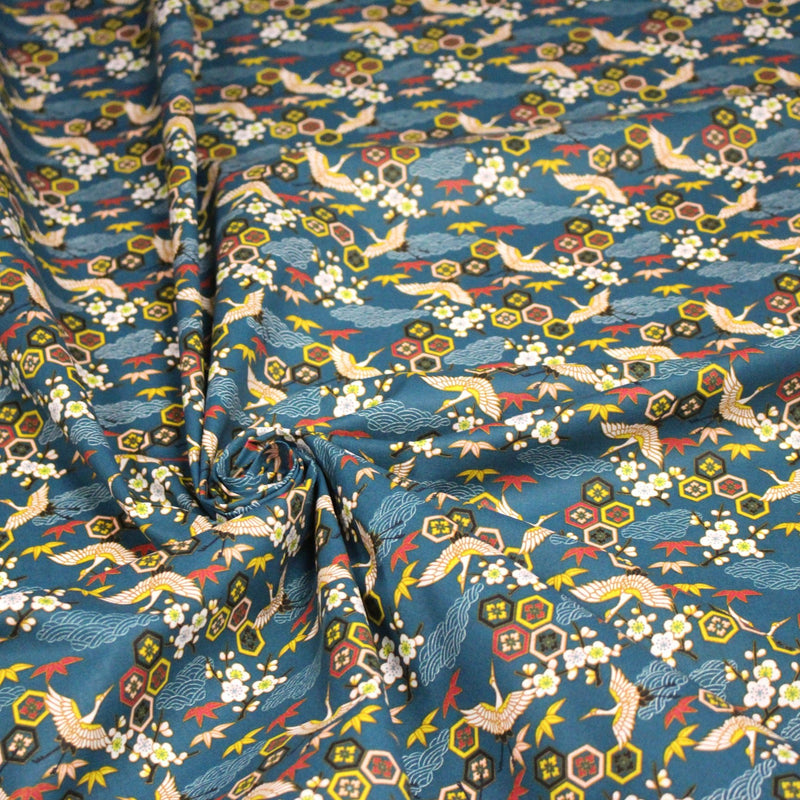 Tissu cotonnade NIGITA, motif japonais des grues : noir, bleu, rose, rouge - OEKO - TEX - TissusPapi.com
