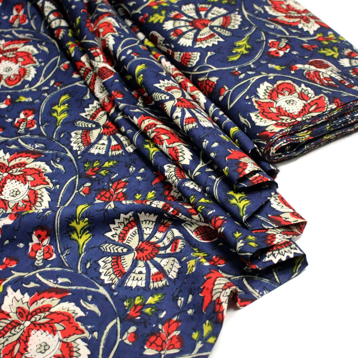 Tissu coton fin imprimé INDIENNES, bleu aux fleurs bleues et écrues – STANDARD 100 OEKO-TEX