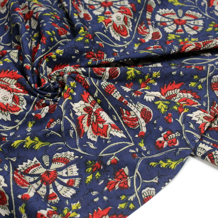 Tissu coton fin imprimé INDIENNES, bleu aux fleurs bleues et écrues – STANDARD 100 OEKO-TEX