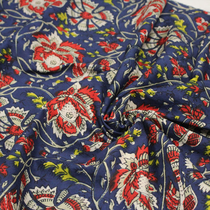 Tissu coton fin imprimé INDIENNES, bleu aux fleurs bleues et écrues – STANDARD 100 OEKO-TEX