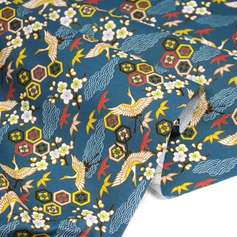 Tissu cotonnade NIGITA, motif japonais des grues : noir, bleu, rose, rouge - OEKO - TEX - TissusPapi.com