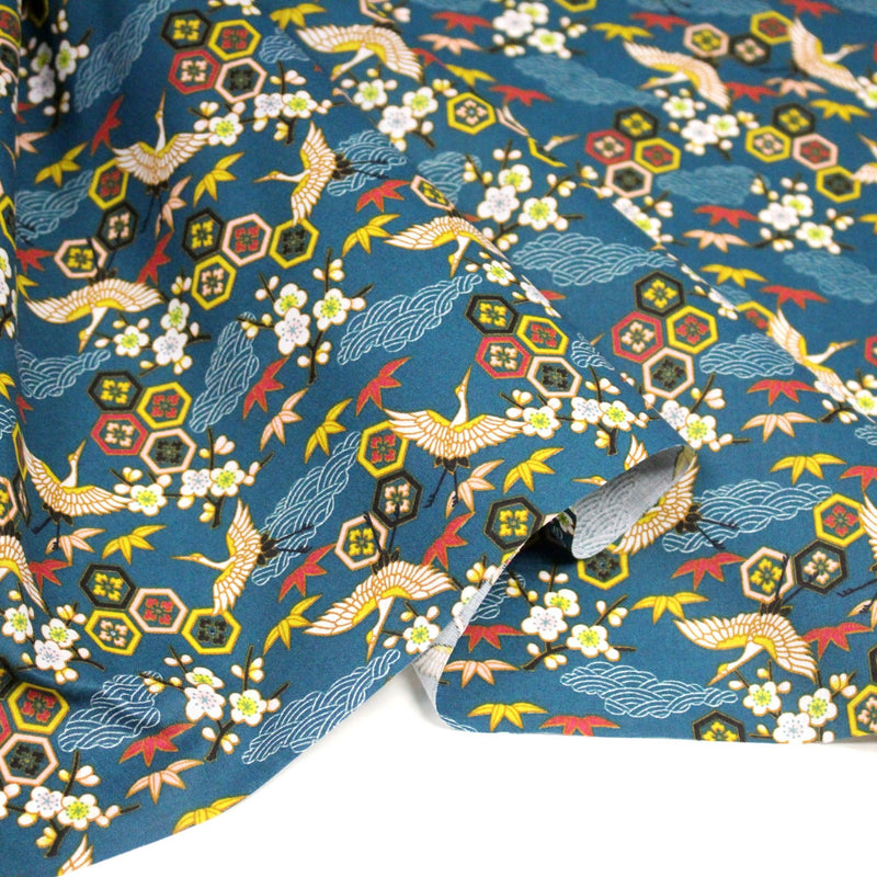 Tissu cotonnade NIGITA, motif japonais des grues : noir, bleu, rose, rouge - OEKO - TEX - TissusPapi.com