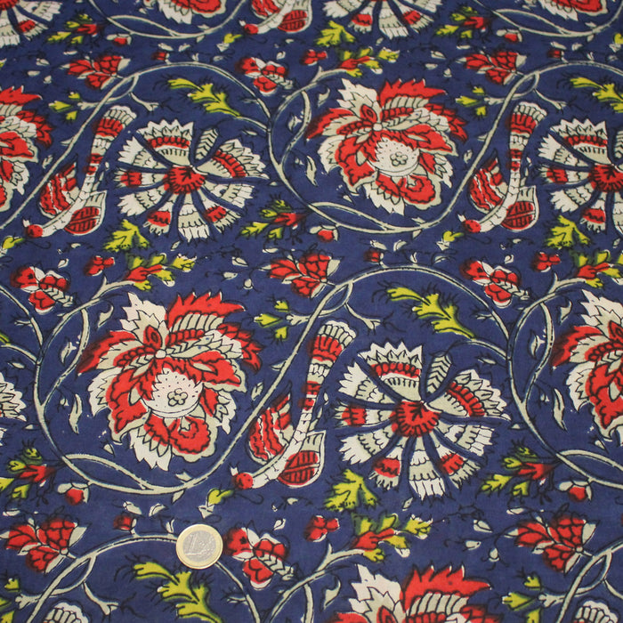 Tissu coton fin imprimé INDIENNES, bleu aux fleurs bleues et écrues – STANDARD 100 OEKO-TEX