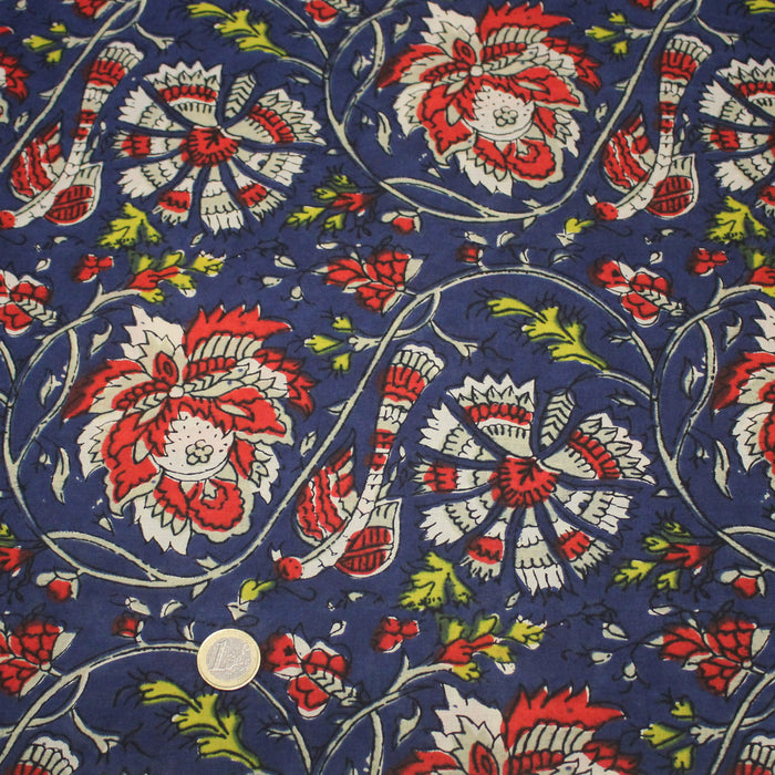 Tissu coton fin imprimé INDIENNES, bleu aux fleurs bleues et écrues – STANDARD 100 OEKO-TEX