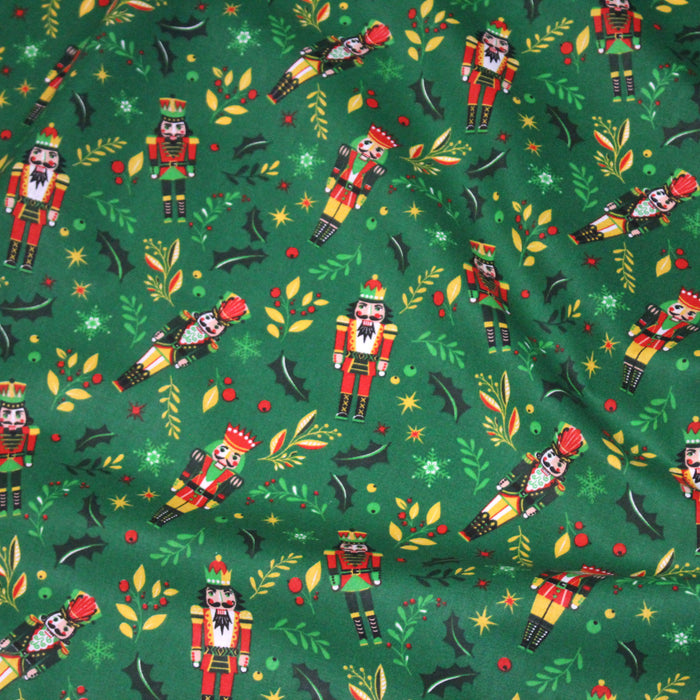 Tissu coton NOËL vert, motif Casse-Noisette et petits soldats de bois