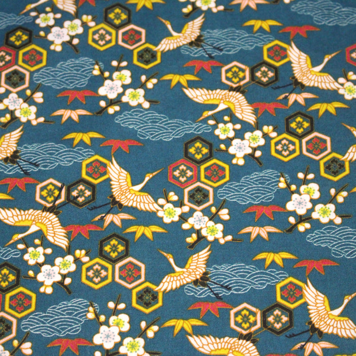 Tissu cotonnade NIGITA, motif japonais des grues : noir, bleu, rose, rouge - OEKO-TEX