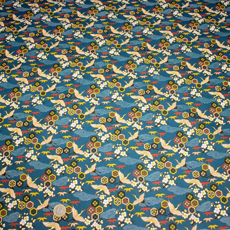 Tissu cotonnade NIGITA, motif japonais des grues : noir, bleu, rose, rouge - OEKO - TEX - TissusPapi.com