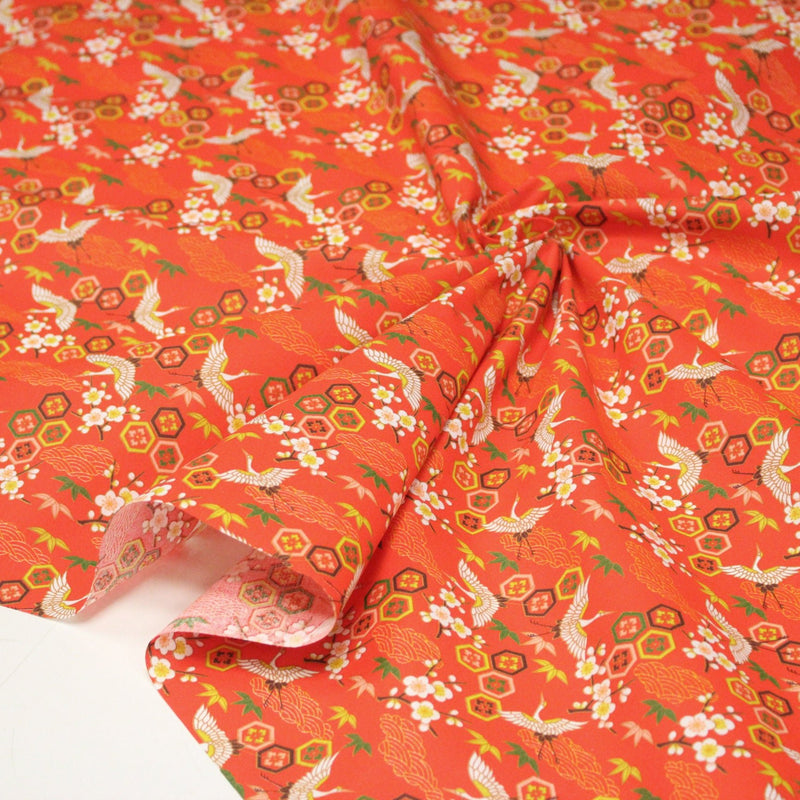 Tissu cotonnade NIGITA, motif japonais des grues : noir, bleu, rose, rouge - OEKO - TEX - TissusPapi.com