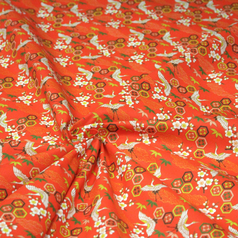 Tissu cotonnade NIGITA, motif japonais des grues : noir, bleu, rose, rouge - OEKO - TEX - TissusPapi.com