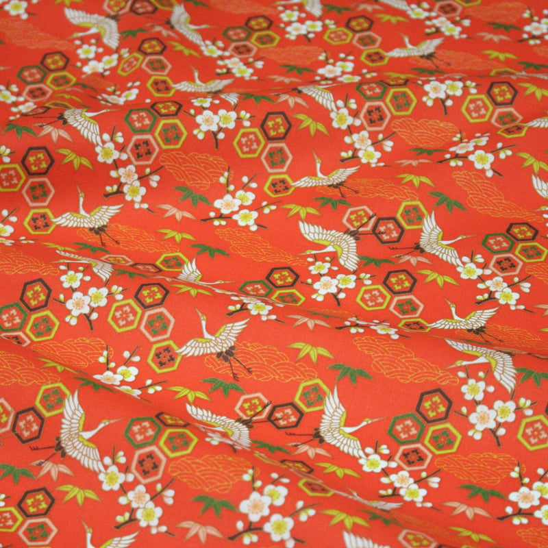 Tissu cotonnade NIGITA, motif japonais des grues : noir, bleu, rose, rouge - OEKO - TEX - TissusPapi.com