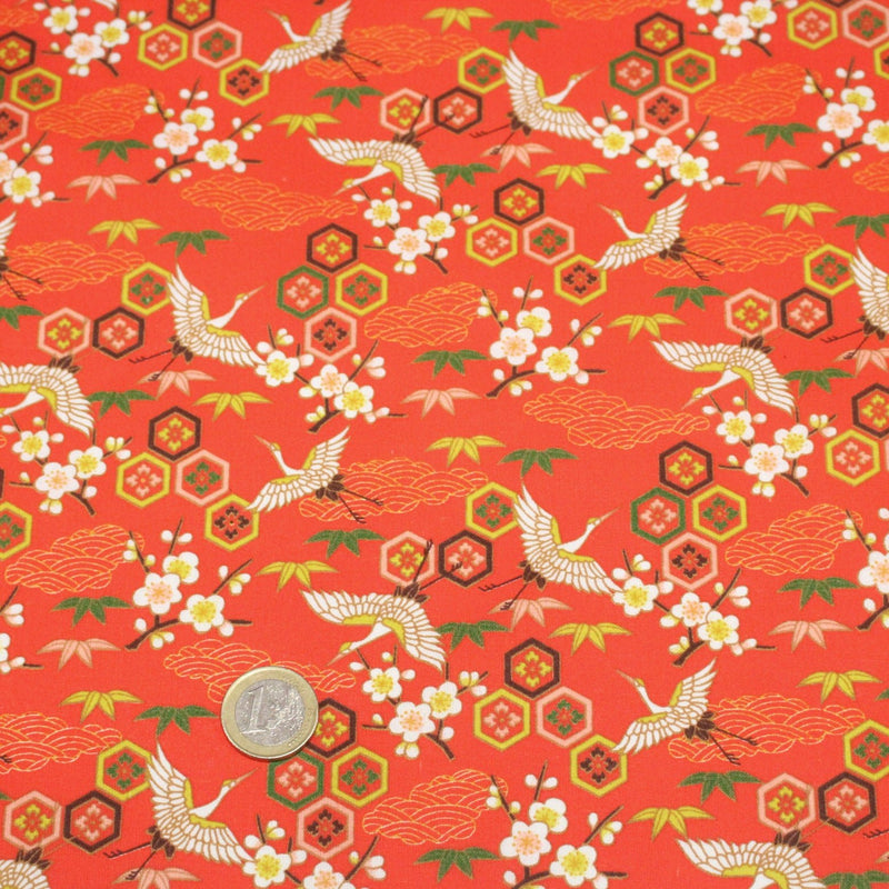 Tissu cotonnade NIGITA, motif japonais des grues : noir, bleu, rose, rouge - OEKO - TEX - TissusPapi.com