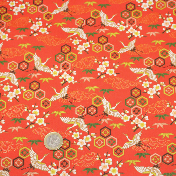 Tissu cotonnade NIGITA, motif japonais des grues : noir, bleu, rose, rouge - OEKO-TEX