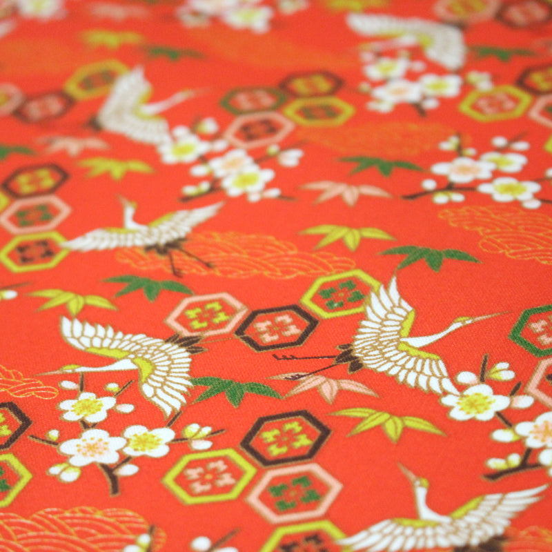 Tissu cotonnade NIGITA, motif japonais des grues : noir, bleu, rose, rouge - OEKO - TEX - TissusPapi.com