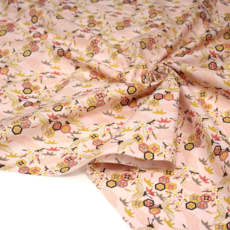 Tissu cotonnade NIGITA, motif japonais des grues : noir, bleu, rose, rouge - OEKO - TEX - TissusPapi.com