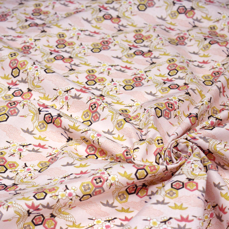 Tissu cotonnade NIGITA, motif japonais des grues : noir, bleu, rose, rouge - OEKO - TEX - TissusPapi.com