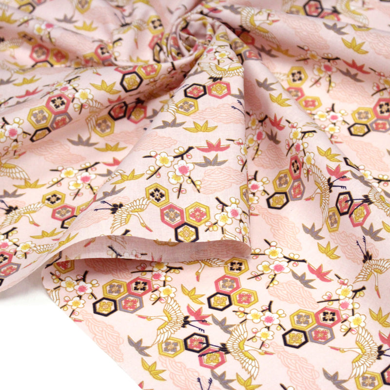 Tissu cotonnade NIGITA, motif japonais des grues : noir, bleu, rose, rouge - OEKO - TEX - TissusPapi.com