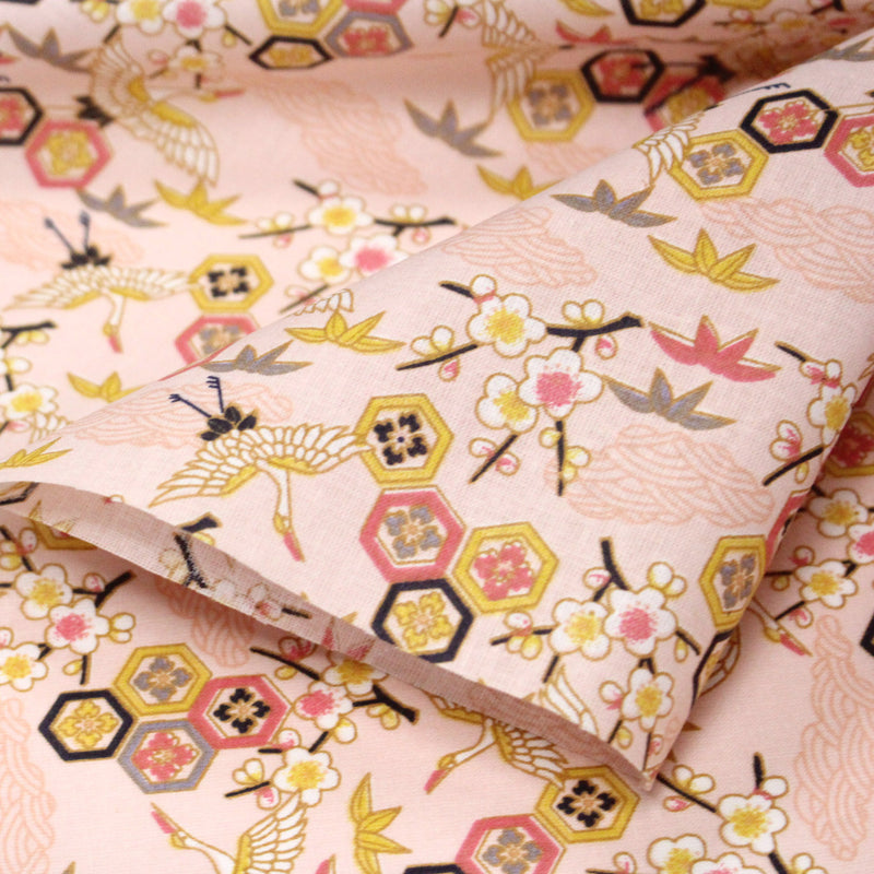 Tissu cotonnade NIGITA, motif japonais des grues : noir, bleu, rose, rouge - OEKO - TEX - TissusPapi.com