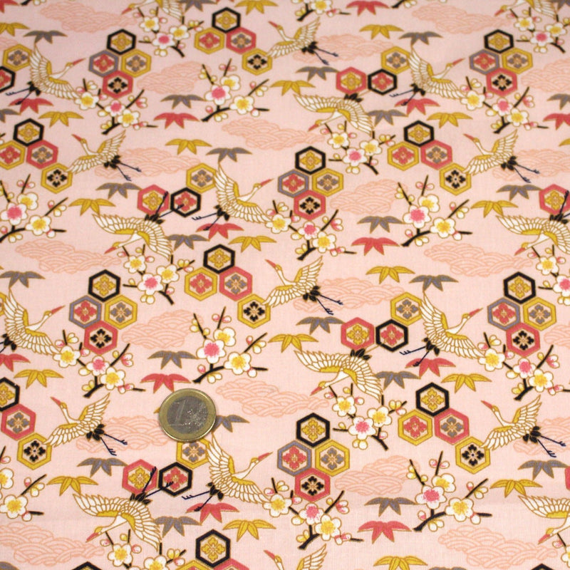 Tissu cotonnade NIGITA, motif japonais des grues : noir, bleu, rose, rouge - OEKO - TEX - TissusPapi.com
