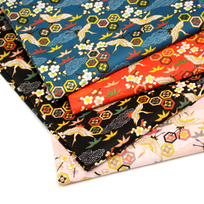 Tissu cotonnade NIGITA, motif japonais des grues : noir, bleu, rose, rouge - OEKO - TEX - TissusPapi.com