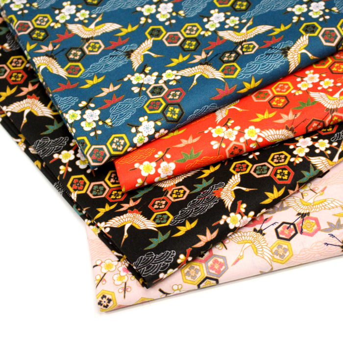 Tissu cotonnade NIGITA, motif japonais des grues : noir, bleu, rose, rouge - OEKO-TEX