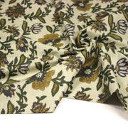 Tissu coton fin imprimé INDIENNES écru aux fleurs indiennes vertes jaunes et bleues - TissusPapi.com