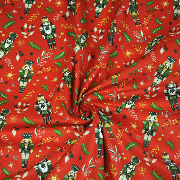 Tissu coton NOËL rouge, motif Casse-Noisette et petits soldats de bois