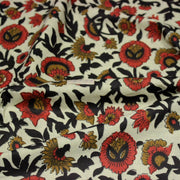 Tissu coton fin imprimé INDIENNES écru aux fleurs indiennes ocres rouges et noires - TissusPapi.com