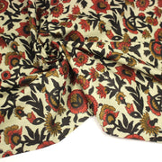 Tissu coton fin imprimé INDIENNES écru aux fleurs indiennes ocres rouges et noires - TissusPapi.com
