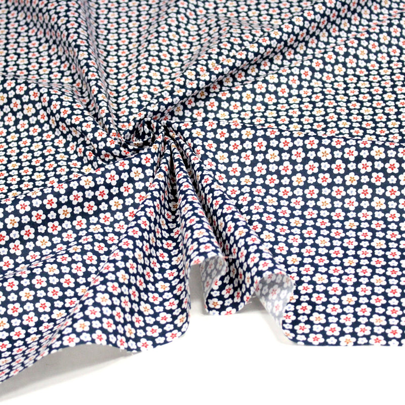 Tissu cotonnade fleurs japonaises géométriques : bleu, jaune, vert, rouge - OEKO - TEX - TissusPapi.com