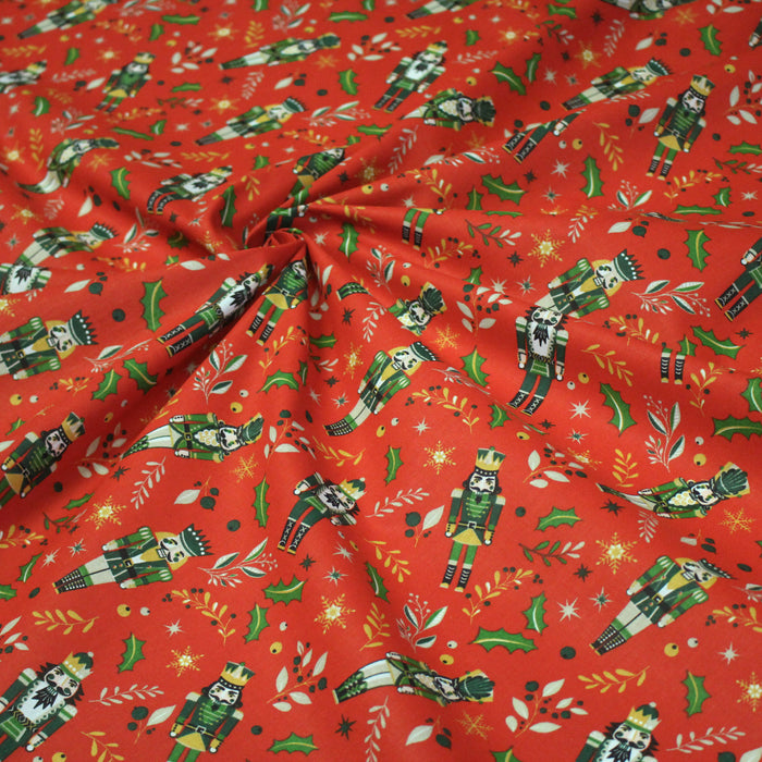 Tissu coton NOËL rouge, motif Casse-Noisette et petits soldats de bois