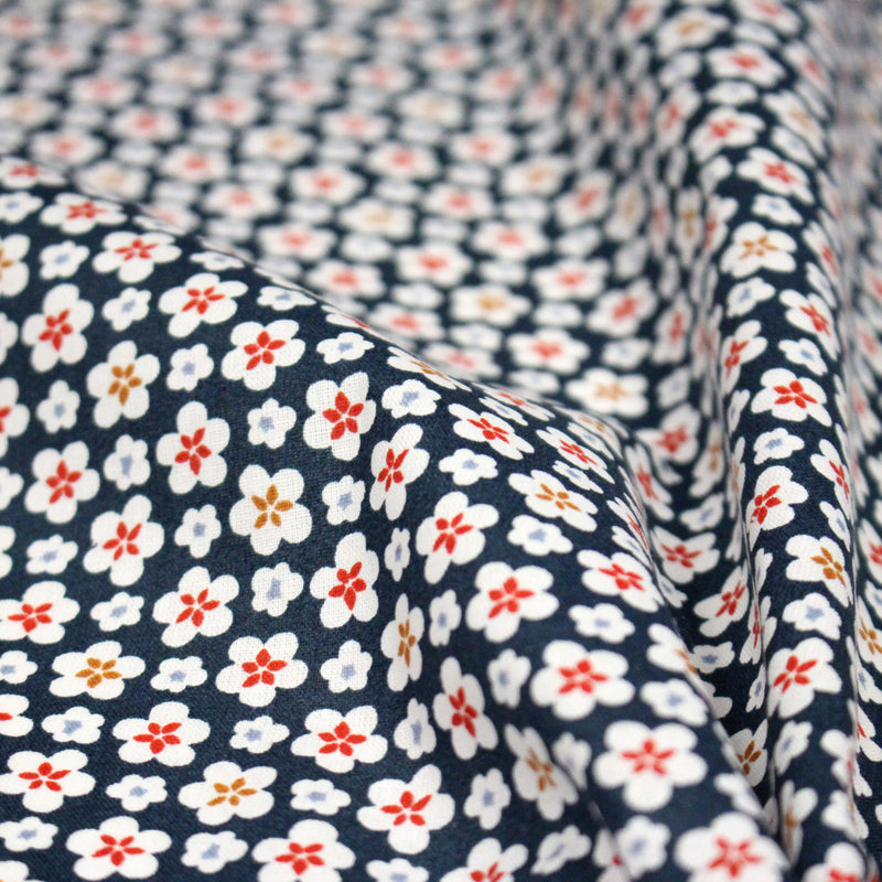 Tissu cotonnade fleurs japonaises géométriques : bleu, jaune, vert, rouge - OEKO - TEX - TissusPapi.com