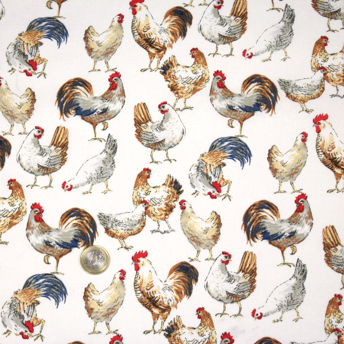 Tissu coton POULES & COQS, blanc, bleu canard, ocre - OEKO-TEX