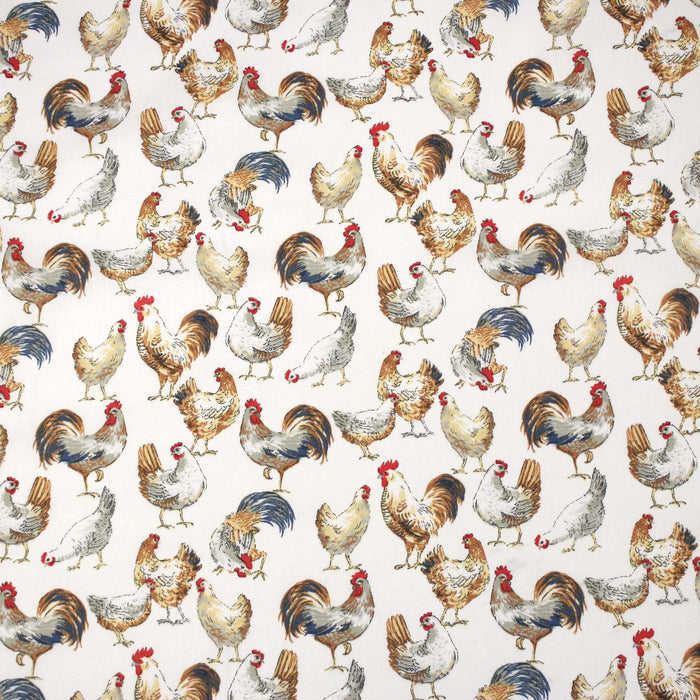 Tissu coton POULES & COQS, blanc, bleu canard, ocre - OEKO-TEX