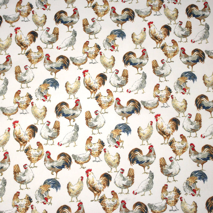 Tissu coton POULES & COQS, blanc, bleu canard, ocre - OEKO-TEX