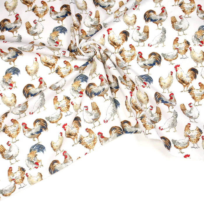 Tissu coton POULES & COQS, blanc, bleu canard, ocre - OEKO-TEX