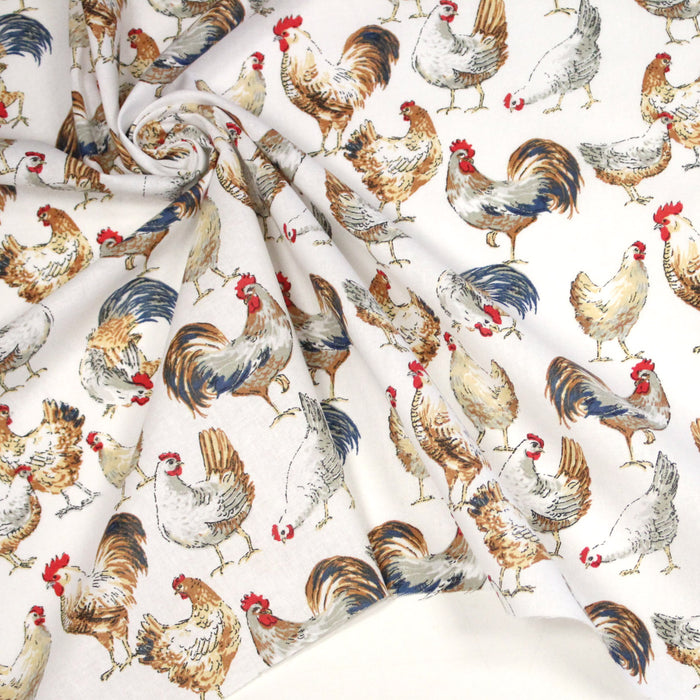 Tissu coton POULES & COQS, blanc, bleu canard, ocre - OEKO-TEX