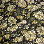 Tissu coton fin imprimé INDIENNES noir aux fleurs indiennes jaunes écrues et vertes - TissusPapi.com