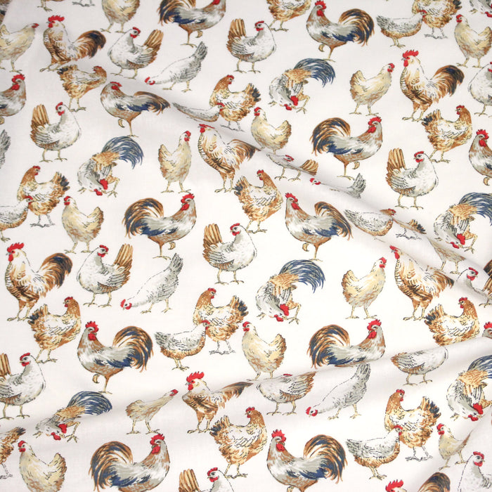 Tissu coton POULES & COQS, blanc, bleu canard, ocre - OEKO-TEX