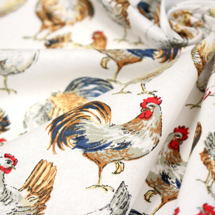 Tissu coton POULES & COQS, blanc, bleu canard, ocre - OEKO-TEX