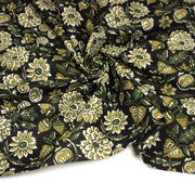 Tissu coton fin imprimé INDIENNES noir aux fleurs indiennes jaunes écrues et vertes - TissusPapi.com