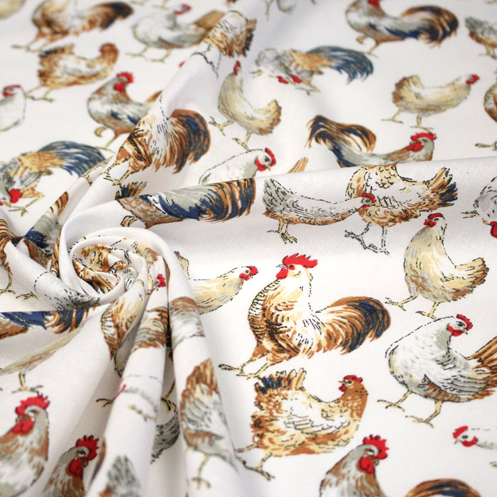 Tissu coton POULES & COQS, blanc, bleu canard, ocre - OEKO-TEX