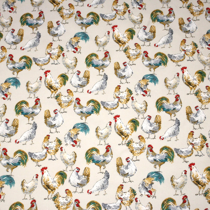 Tissu coton POULES & COQS, écru, vert canard, ocre - OEKO-TEX